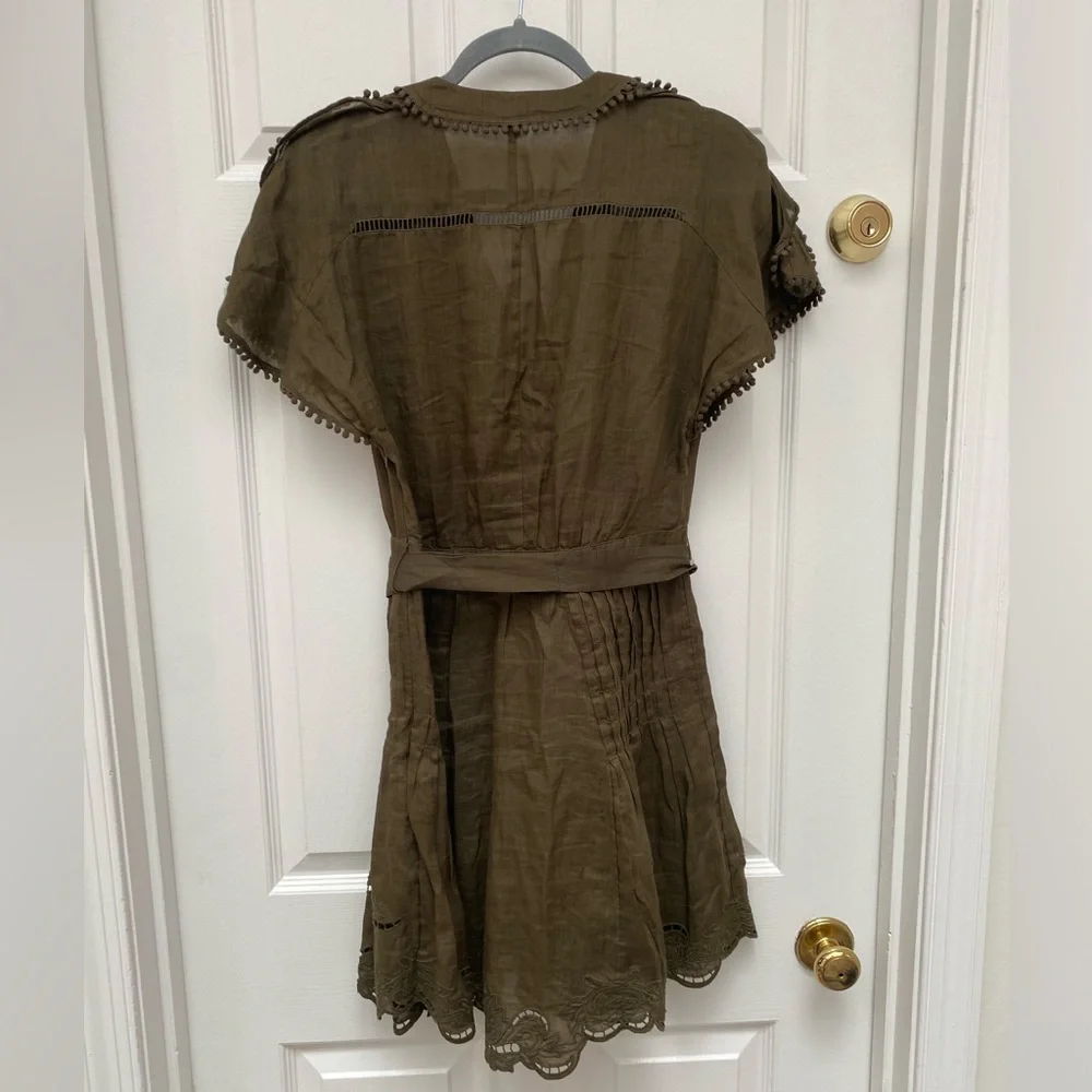Reiss Khaki (olive green) Gemina Dress with Lace Embroidered Trim - Size 6